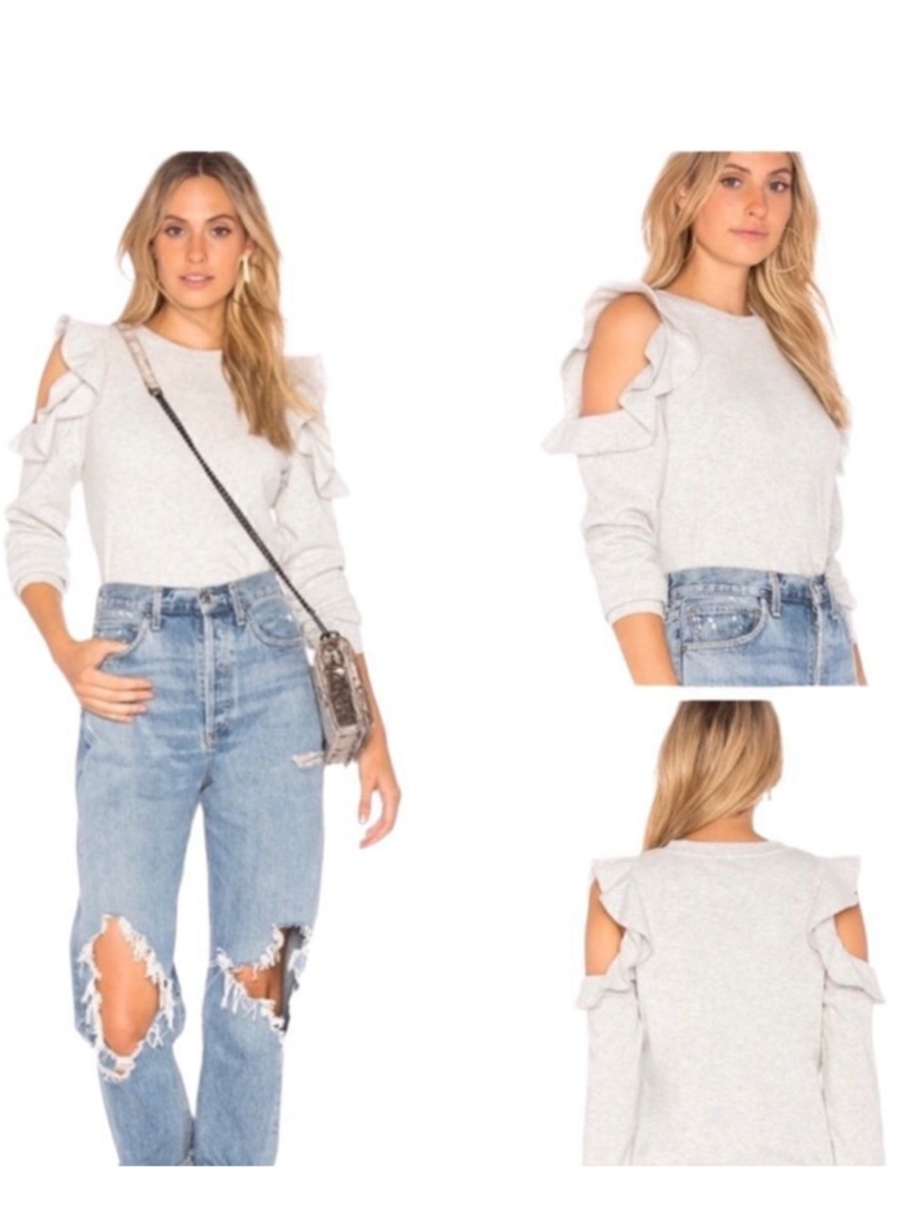 Rebecca Minkoff Gracie Ruffle Cold Shoulder Gray Sweatshirt
